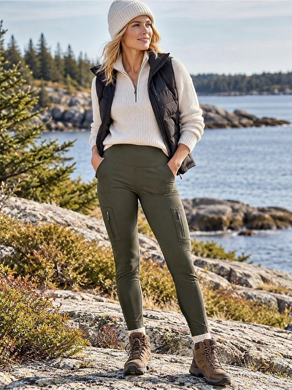 Mondetta Ladies Active Fleece Lined Zipper Pocket Legging Leggings Green Medium